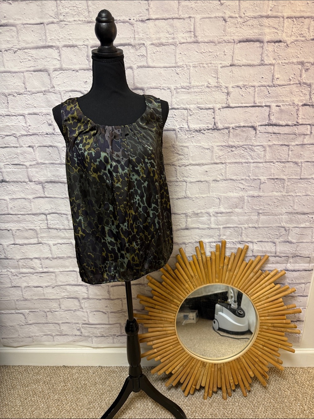 LOFT Black Olive Green Leopard-Print Silk Tank